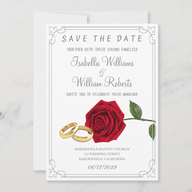 Save The Date Élégant Mariage de roses et anneaux rouges (Devant)