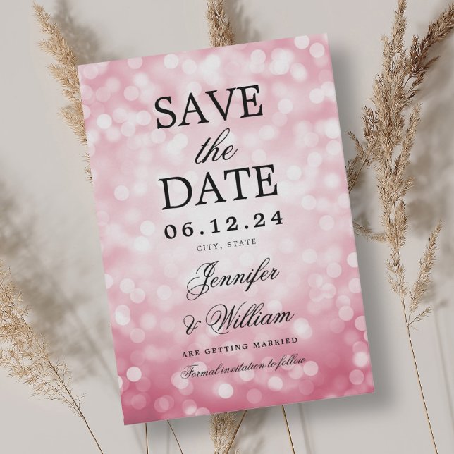 Save The Date Élégant Mariage de script Blush Rose Bokeh lumière (Elegant Script Wedding Blush Pink Bokeh Lights Save The Date)