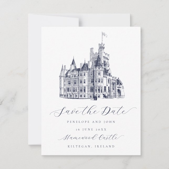 Save The Date Elégant Mariage de script d'illustration de châtea (Devant)