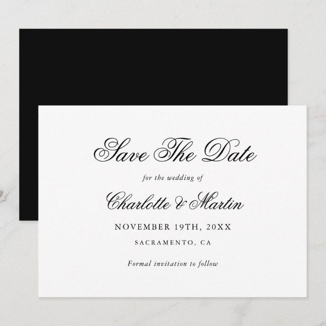 Save The Date Élégant Mariage de script noir et blanc (Devant / Derrière)