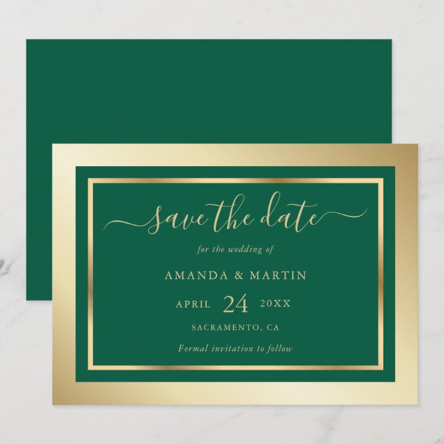 Save The Date Élégant Mariage Emerald personnalisé vert et or (Devant / Derrière)