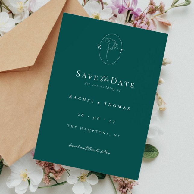 Save The Date Élégant Mariage émeraude de monogramme floral (Créateur téléchargé)