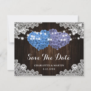 Save The Date Élégant Mariage en Bois à Dentelle Fleurie Bleu Vi