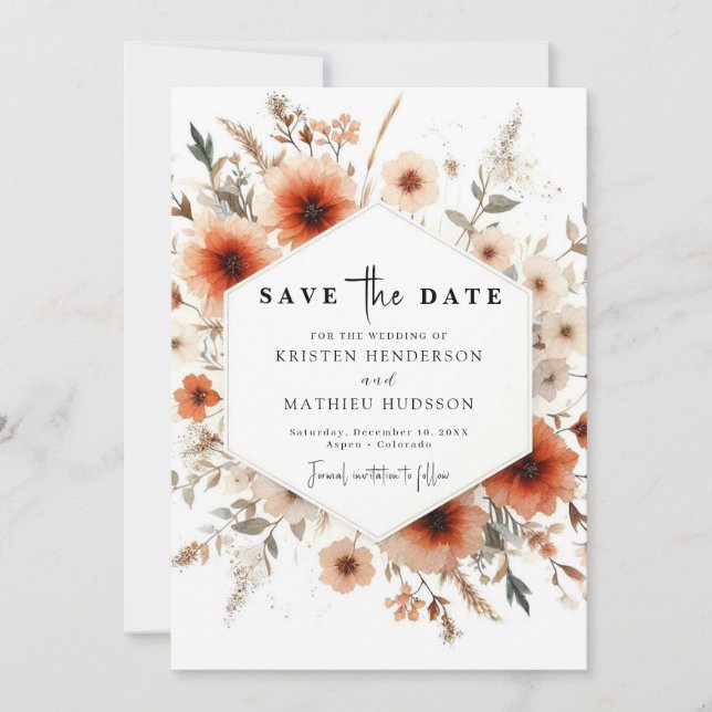 Save The Date Elégant Mariage en terre cuite aquarelle (Devant)