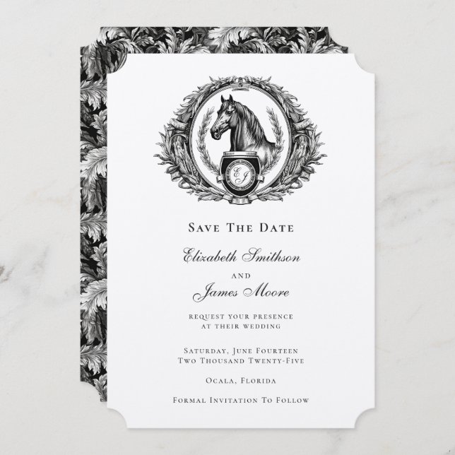 Save The Date Élégant Mariage Equestre Formel Monogram Crest (Devant / Derrière)