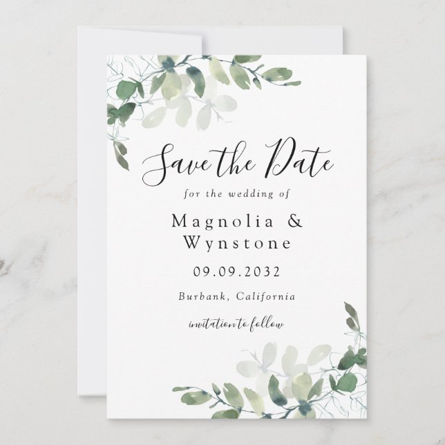 Save The Date Elégant Mariage Eucalyptus aquarelle (Devant)