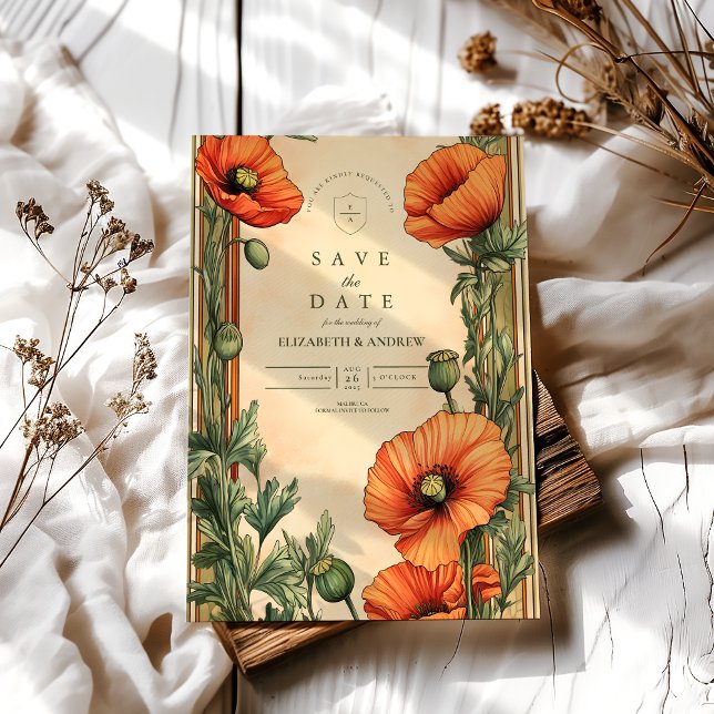 Save The Date Élégant Mariage floral Art Nouveau Poppy (Créateur téléchargé)