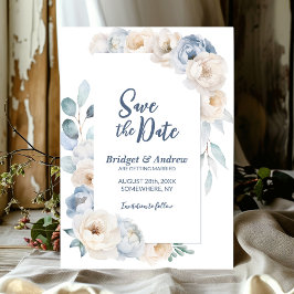 Save The Date Élégant Mariage floral bleu blanc