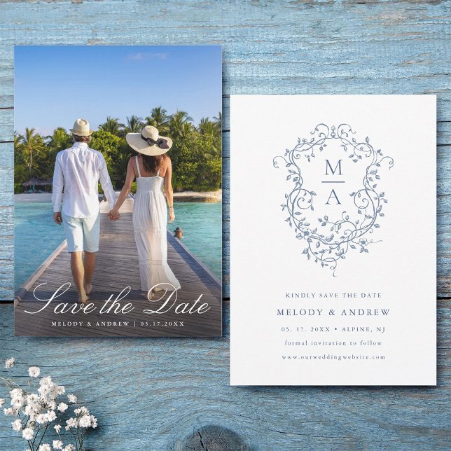 Save The Date Élégant Mariage Floral Bleu Français Photo (Front & Back)