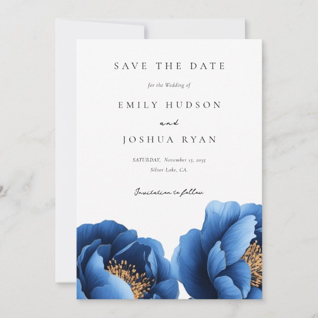 Save The Date Elégant Mariage floral bleu marine (Devant)