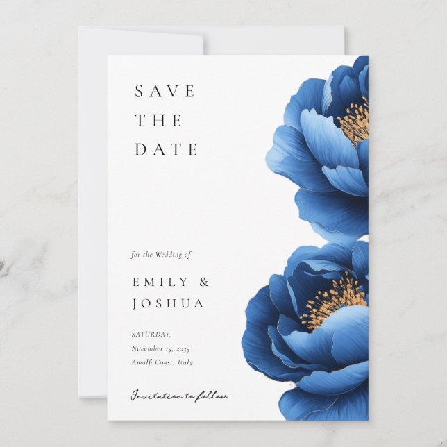 Save The Date Elégant Mariage floral bleu marine (Devant)