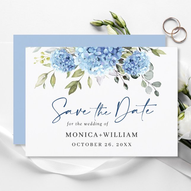 Save The Date Élégant Mariage floral Blue Hydrangea (Créateur téléchargé)