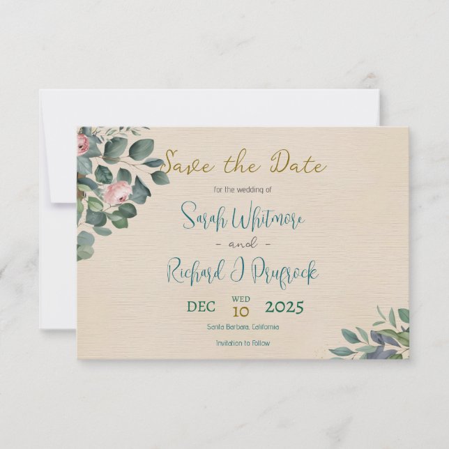 Save The Date Élégant Mariage floral Blush & Sage (Devant)