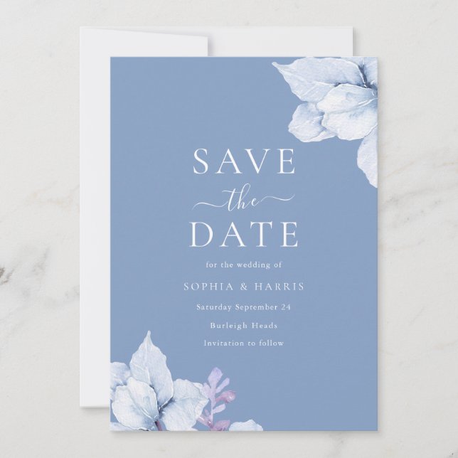 Save The Date Elégant Mariage floral couleur bleu (Devant)