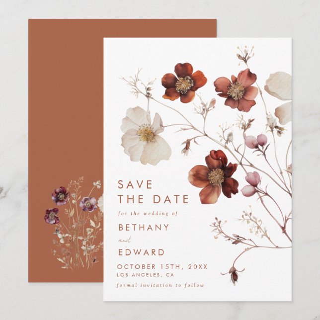Save The Date Élégant Mariage floral d'automne (Devant / Derrière)