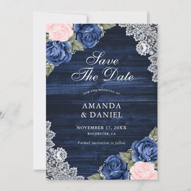 Save The Date Elégant Mariage floral de dentelle bleu bleu marin (Devant)
