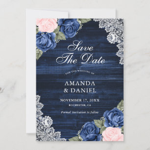 Save The Date Elégant Mariage floral de dentelle bleu bleu marin