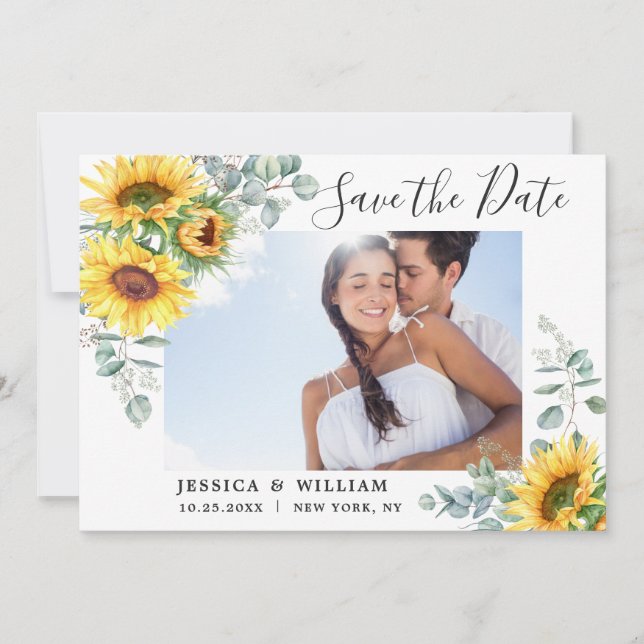 Save The Date Élégant Mariage floral de tournesol Eucalyptus Éco (Devant)