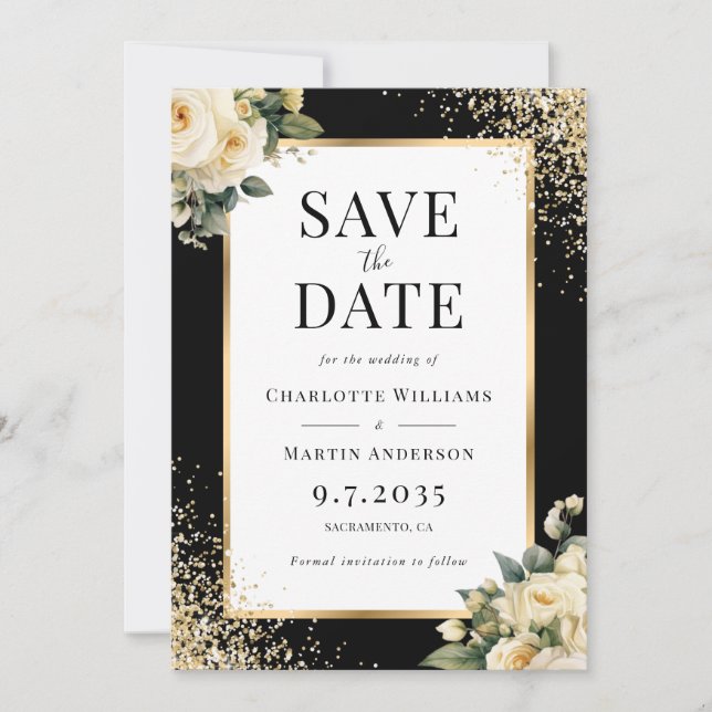 Save The Date Élégant Mariage floral en or noir Confetti (Devant)