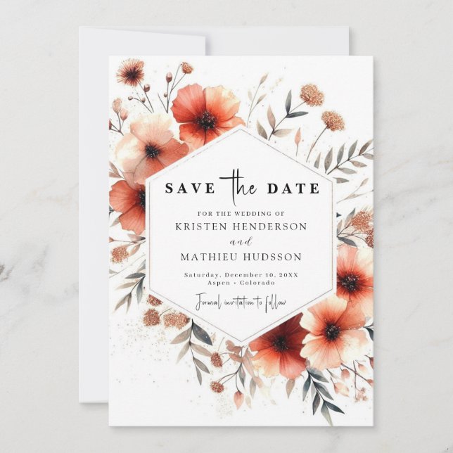 Save The Date Élégant Mariage Floral en terre cuite (Devant)