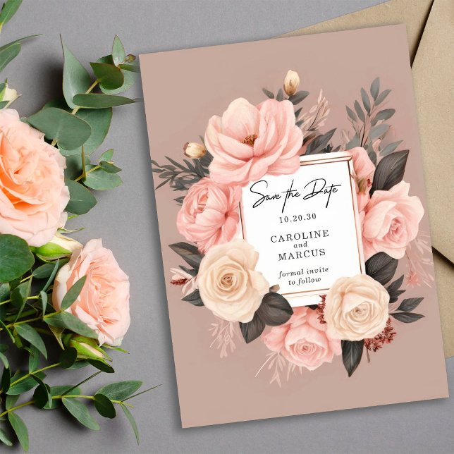 Save The Date Élégant Mariage floral gris crème rose poussiéreux (Créateur téléchargé)