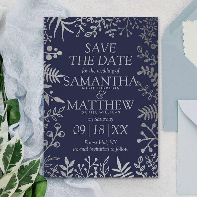 Save The Date Elégant Mariage floral marine et argent (Créateur téléchargé)