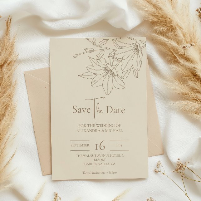 Save The Date Élégant Mariage floral moderne Beige Lineart (Créateur téléchargé)