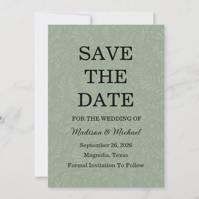 Save The Date Élégant Mariage Floral Ornate Sage Vert (Devant)