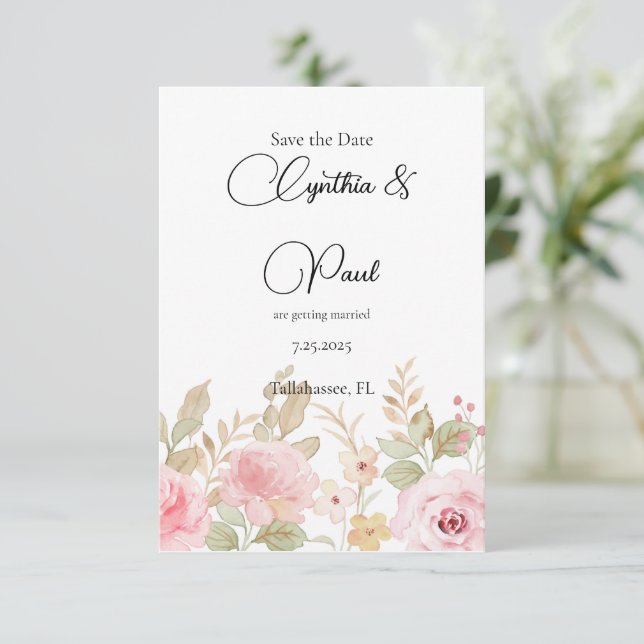 Save The Date Élégant Mariage Floral Personnalisé (Debout devant)