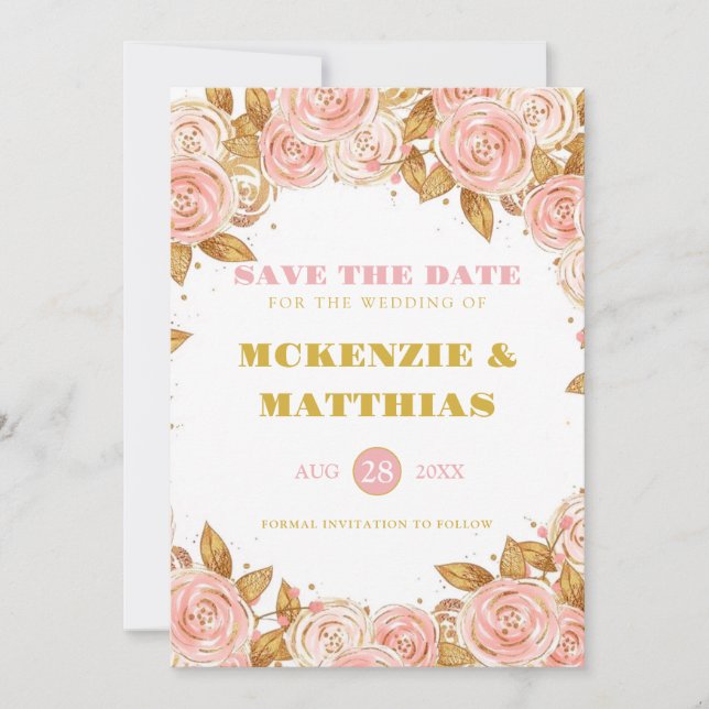 Save The Date Élégant Mariage floral Pony Or Rose (Devant)