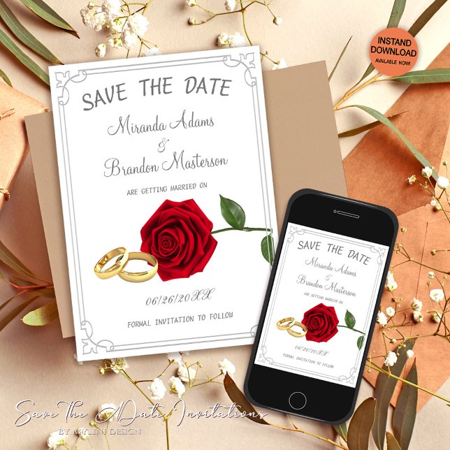 Save The Date Élégant Mariage Floral Red Roses et Anneaux (Créateur téléchargé)