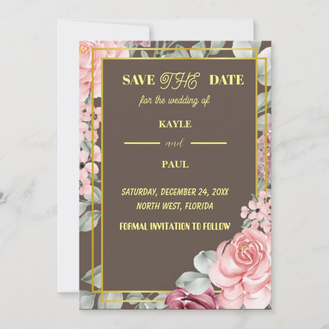 Save The Date Élégant Mariage floral rose de Bourgogne (Devant)
