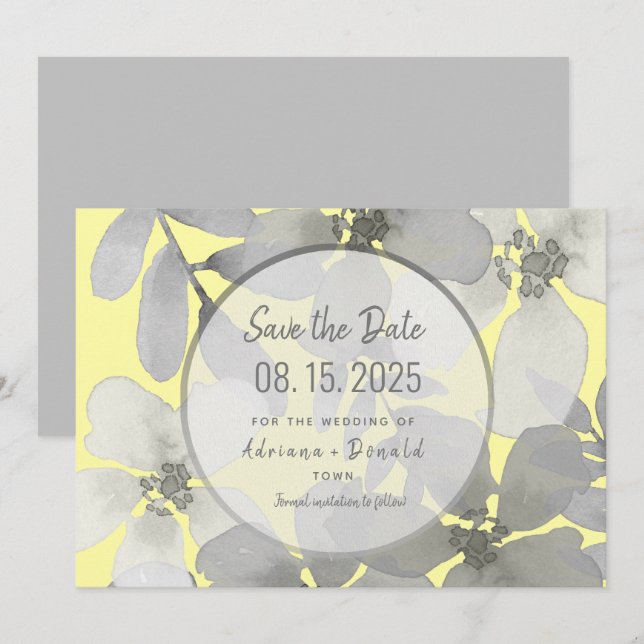 Save The Date Élégant Mariage jaune et gris (Devant / Derrière)