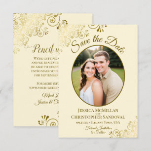 Save The Date Élégant Mariage Nacre Crème Photo Ovale Broderie O
