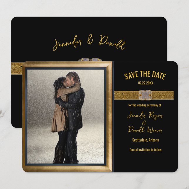 Save The Date Élégant Mariage Paillettes Noires et Or  (Devant / Derrière)