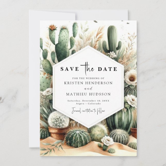 Save The Date Élégant Mariage personnalisé Cactus (Devant)