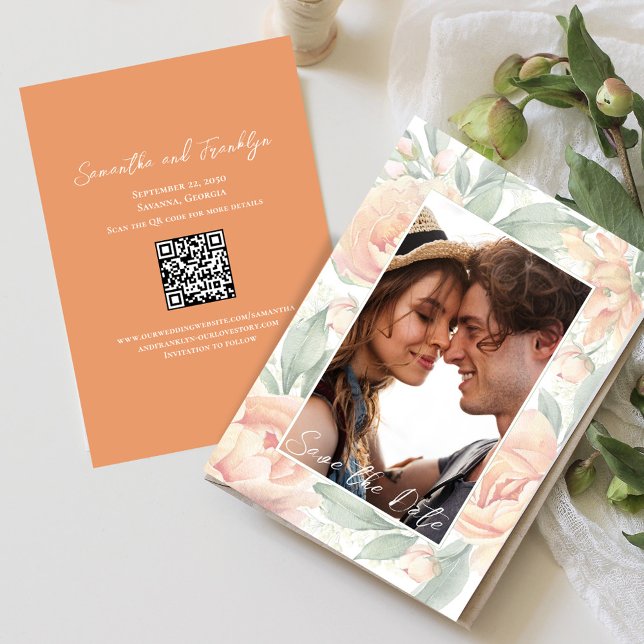 Save The Date Elégant mariage photo aquarelle florale (Elegant peach floral wedding save the date photo card)