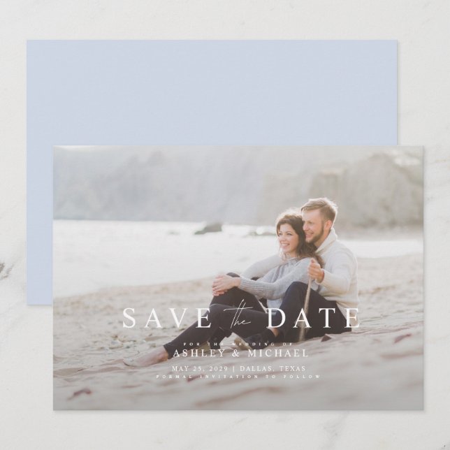 Save The Date Élégant Mariage photo bleu blanc superposition (Devant / Derrière)