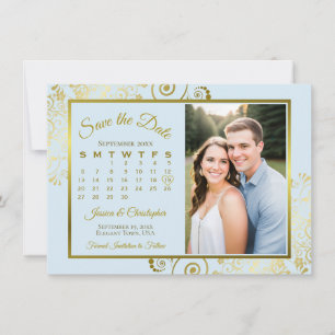 Save The Date Élégant Mariage Photo Calendrier Bleu Poudre & Or