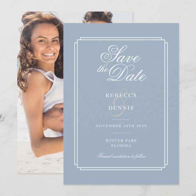 Save The Date Elégant Mariage photo Dusty Blue Art Deco (Devant / Derrière)
