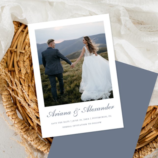 Save The Date Élégant Mariage photo Dusty Blue Script (Créateur téléchargé)