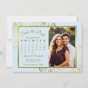 Save The Date Élégant Mariage photo en poudre bleu & or Calendri