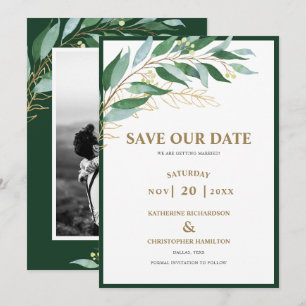 Save The Date Élégant Mariage photo vert de la forêt de feuillag