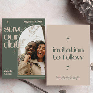 Save The Date Élégant Mariage Rétro Vintage Vert Brun Script
