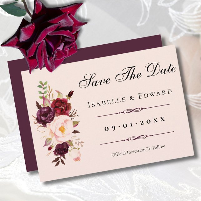 Save The Date Élégant Mariage Rose Blush Pink & Burgundy (Créateur téléchargé)