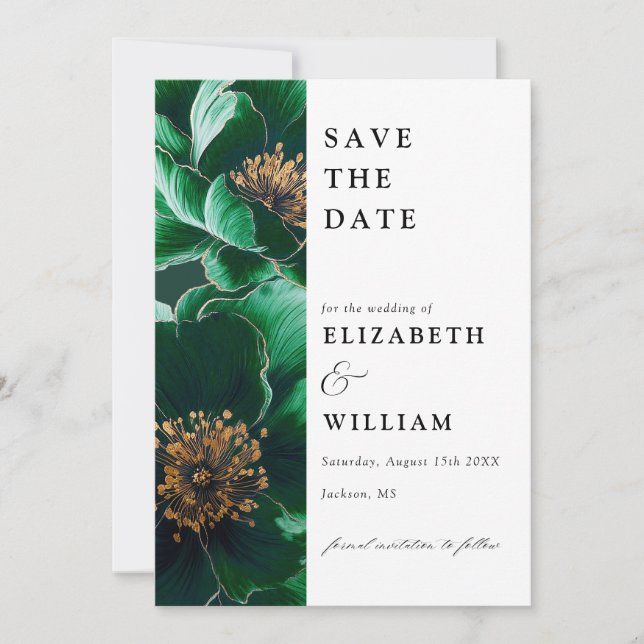 Save The Date Élégant Mariage Vert Émeraude Et Or Floral (Devant)