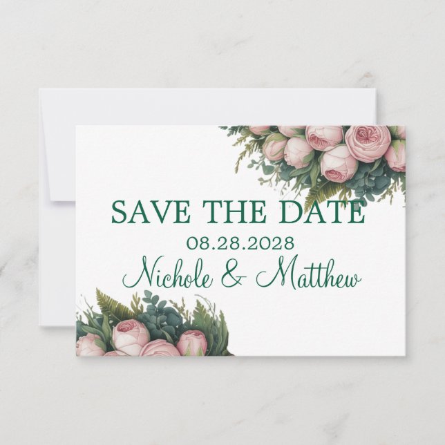 Save The Date Élégant Mariage vert Wreath Pink Buds (Devant)