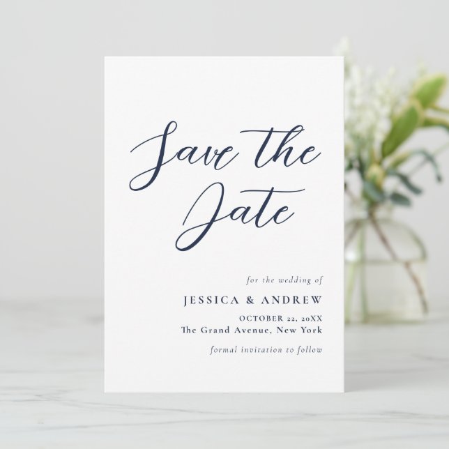 Save The Date Elégant Marine bleu & blanc Simple Mariage (Debout devant)