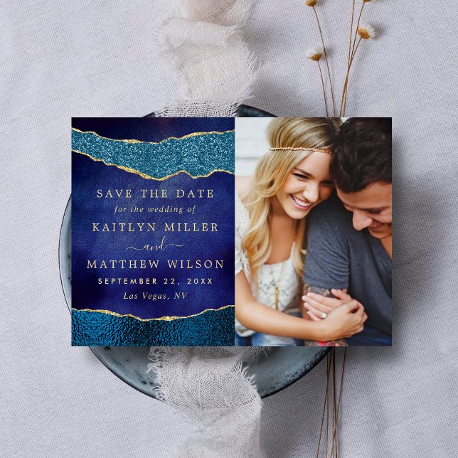 Save The Date Elégant Marine Blue & Gold Agate Mariage Photo (Créateur téléchargé)