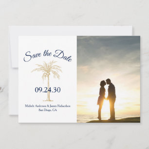 Save The Date Elegant Marine Blue Gold Palm Tree Mariage Photo